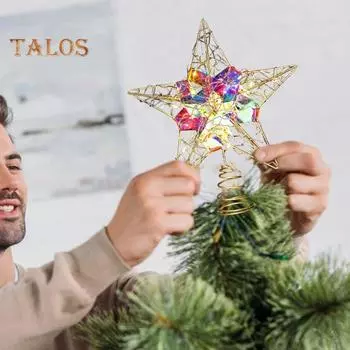 Звезда, верхушка для рождественской елки, легкая металлическая звезда, украшение с лампочками, работающая от батареек, пятиконечная звезда, верхушка для украшения рождественской елки 20x25cm золотистый
