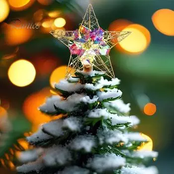 Звезда, верхушка для рождественской елки, легкая металлическая звезда, украшение с лампочками, работающая от батареек, пятиконечная звезда, верхушка для украшения рождественской елки 20x25cm золотистый