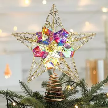 Звезда, верхушка для рождественской елки, легкая металлическая звезда, украшение с лампочками, работающая от батареек, пятиконечная звезда, верхушка для украшения рождественской елки 20x25cm золотистый