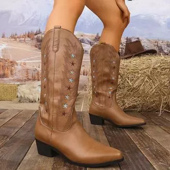 Звезда вышитые ковбойские сапоги женские осенние ретро квадратный каблук высокие до колена Botas Mujer остроносые длинные сапоги без застежек женские 36 бежевый