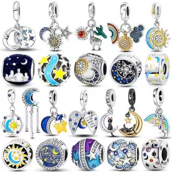 Звездная Коллекция Подвески Бусины Стерлингового Серебра 925 пробы Солнце Звезды Луна Висячие Подвески Подходят Темпераменту Модные Ювелирные Изделия Браслет Ожерелье
