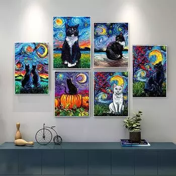 Звездная ночь кошка абстрактные животные постеры и принты винтажная картина на холсте настенная живопись картина для гостиной коридора домашний декор 21x30cm No Framed