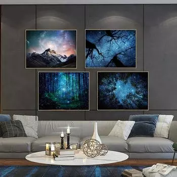 Звездная ночь живопись плакаты и принты картины дерево и горный пейзаж настенная живопись на холсте для украшения гостиной 20x30cm