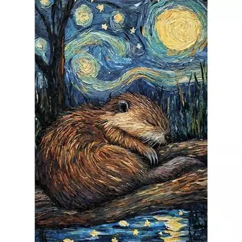 Звездная ночь Животные Кот Бобр Утконос Олень Ретро Милый Постер с Животными Холст Живопись Настенные Картины Домашний Декор Комнаты 21cm30cm NoFrame