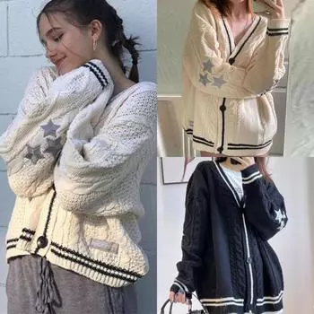 Звездная вышивка Y2K свитера женские винтажные зимние уличные повседневные однобортные с длинным рукавом свободные вязаные кардиганы пальто S красный