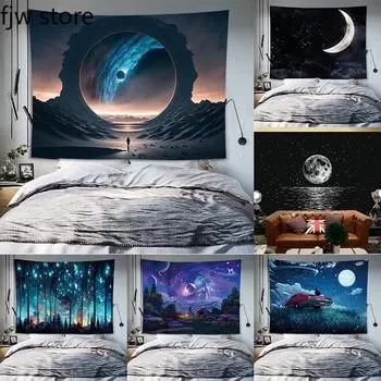 Звездное небо и луна пейзаж гобелен комната эстетический настенный художественный фон ткань спальня общежитие украшение дома 100x75cm