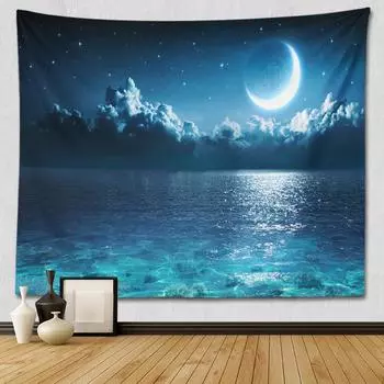 Звездное небо, луна, синяя звездная ночь, галактика, Вселенная, большой тканевый настенный гобелен, украшение для спальни, гобелен 100x75cm