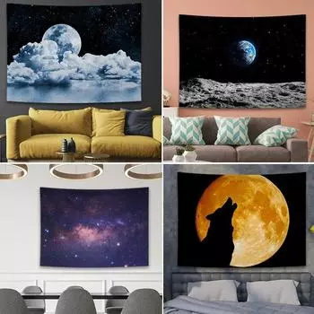 Звездное небо Луна Волк Фон Ткань Украшение стены дома Гобелен Офис Гостиная Гобелен 100x75cm