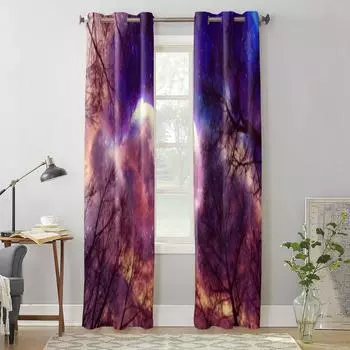 Звездное небо с полной луной, занавеска для детской комнаты, шторы для дома, шторы для гостиной, спальни, занавески на окна 135W x 60H(cm) x1