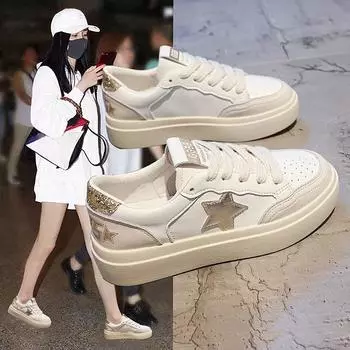 Звездные маленькие белые туфли женские модели туфли на плоской подошве в иностранном стиле тонкие срезы весенне-осенних повседневных туфель Wildcard на толстой подошве женские туфли 35 хаки