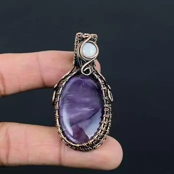 Звездный аметист и лунный камень, драгоценный камень ручной работы из чистой медной проволоки, ювелирный кулон для женщин 2.56 Inches фиолетовый