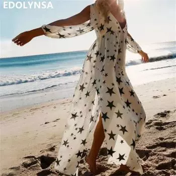 Звездный принт хлопковые туники для пляжа женские купальники накидка женские купальники пляжная накидка пляжная одежда One Size белый