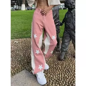Звездный принт с цветными блоками и контрастными лоскутными розовыми джинсовыми брюками Свободные прямые джинсовые брюки y2k Модные повседневные большие размеры с низкой талией S