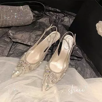 Звездный стиль Кристалл Сетчатые женские туфли-лодочки Сексуальные туфли с ремешком на щиколотке Квадратный носок Высокий каблук Женские босоножки Весна Лето Полые Туфли для вечеринки 35 бежевый