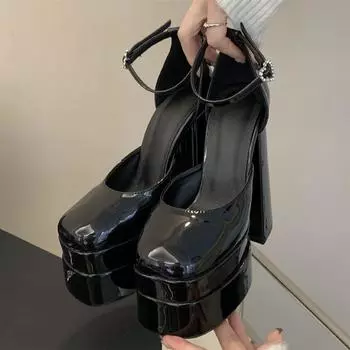 Звездный стиль Мода Лакированная кожа Туфли на платформе и танкетке Женские Летние С квадратным носком 14 см Очень высокие каблуки Женские Вечерние Массивные туфли 35