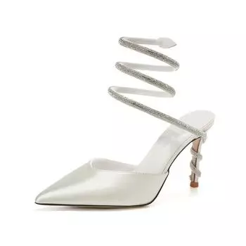 Звездный стиль Роскошные стразы Змея Свернутые атласные женские туфли Модные высокие каблуки Гладиаторские сандалии Летне-осенние свадебные туфли 35