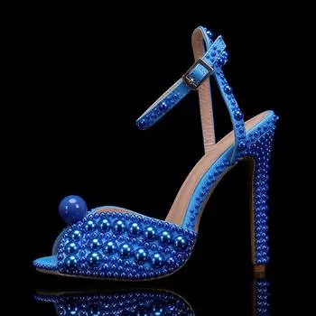 Звездный стиль Роскошный жемчуг Кристалл Пип-то носок Женские сандалии Мода Лето Высокие каблуки Сандалии-гладиаторы Свадебная вечеринка Свадебная обувь 35
