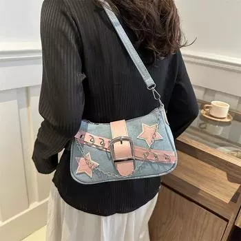 Звездный узор Y2K Hot Girl сумки на ремне с цепочкой для женщин Черная розовая сумка Роскошная дизайнерская сумка в стиле гранж Готический моторный стиль слинг