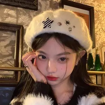 Звезды Берет Осень И Зима Белая Плюшевая Шапка Большая Голова Кепка Модная Изысканная Женская Шапка one size56-58cm