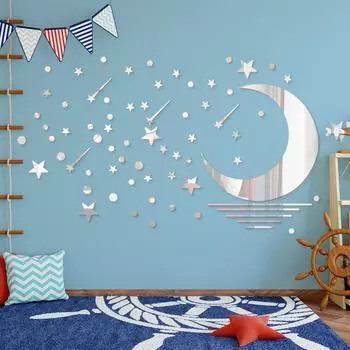 Звезды и луна в воде Акриловая наклейка на зеркало для детской комнаты Украшение для детской комнаты Ванная комната Водонепроницаемая влагостойкая наклейка