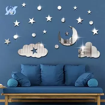 Звезды, луна и облака зеркало 3D трехмерные декоративные наклейки на стену спальни стены комнаты самоклеящиеся
