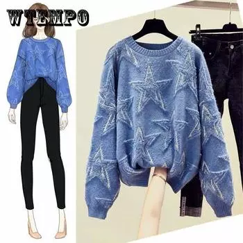 Звезды Принт Свитер Туника Женский Повседневный Круглый вырез Свободный Длинный рукав Вязаный Топ Осень Зима Женский Джемпер Пуловеры XXL бежевый