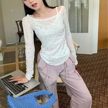 Звезды Солнцезащитные свитера Ins Длинные рукава Топы Модные нижние части Рубашки Женщины Весна Осень M