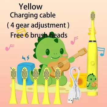 Звуковая электрическая зубная щетка с героями мультфильмов для детей с чистящей щеткой IPX7, водонепроницаемая перезаряжаемая щетка с таймером для детей, желтая