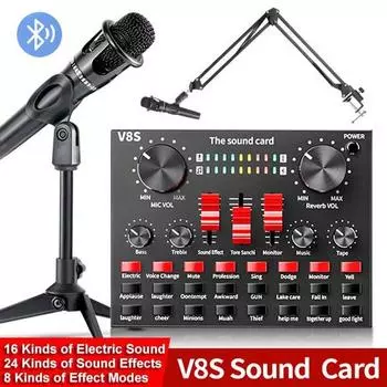 Звуковая карта КТВ, прямая трансляция, мини-аудиомикшер, консоль звуковой карты, микрофон, студийная запись для мобильного телефона, компьютера V8S-1pc чёрный