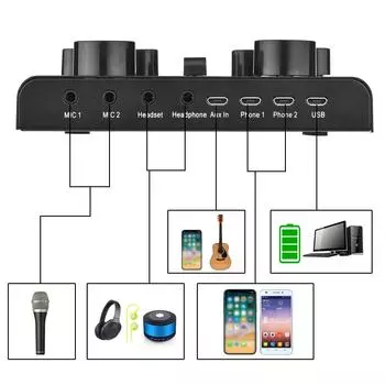 Звуковая карта V8 Plus Live для потоковой передачи 15 эффектов USB-аудиомикшер для микрофона Устройство смены голоса чёрный