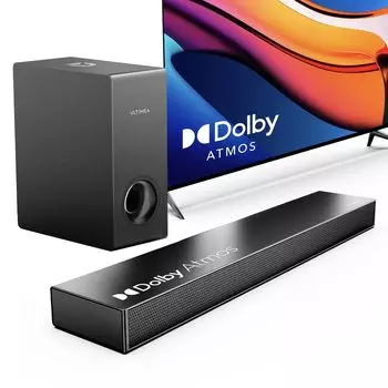 Звуковая панель ULTIMEA Dolby Atmos для телевизора, динамик 3D Surround Sound с сабвуфером, пиковая мощность 190 Вт, глубокие басы, совместимость с HDMI, черный Nova S50 2.1ch