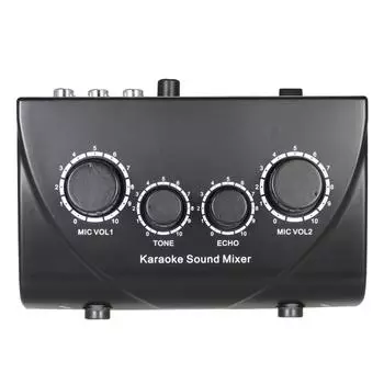 Звуковой микшер для караоке с двумя микрофонными входами и кабелем EU Plug чёрный