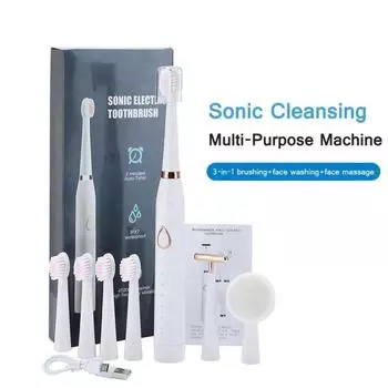 Звуковой очищающий массажер для лица 3-в-1, 6 режимов, электрическая зубная щетка IPX7, набор для ухода за полостью рта с 7 насадками для чистки зубов, подтяжка лица