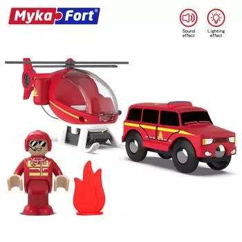 Звуковой светящийся детский игрушечный самолет Maikaff Acousto с деревянным треком для приключений 90312