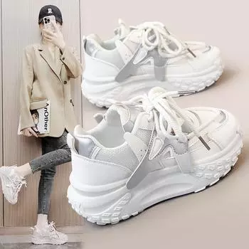 Zy0030 Новые неуклюжие кроссовки с сетчатой поверхностью. Женские спортивные туфли на толстой подошве, увеличивающие высоту. Женская обувь. Туфли с сетчатой поверхностью. Студенческие белые туфли. 35