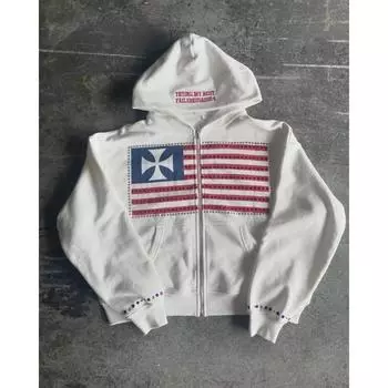 ZYLLO Американская Мода Уличная Одежда Готический Флаг Стразы Вышивка Толстовка на Молнии Y2k Сплайсинг Оверсайз Свободная Хлопковая Толстовка S