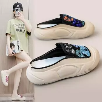 Zyxfl56 Новые цветные полутапочки с пайетками, женские летние модные повседневные дышащие тапочки на платформе, увеличивающие рост, сандалии 35