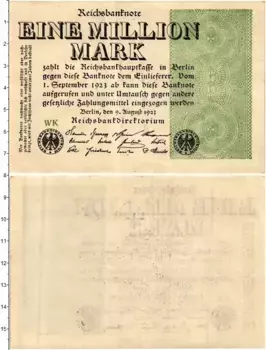 Банкнота 1000000 марок Веймарской республики 1923 года Берлин