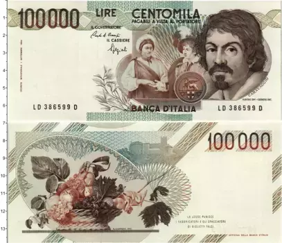 Банкнота 100000 лир Италии 1983 года Караваджо