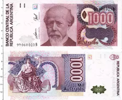 Банкнота 1000 аустралес Аргентины 1990 года Хулио Архентино Рока