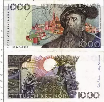 Банкнота 1000 крон Швеции 1989 года Густав Ваза