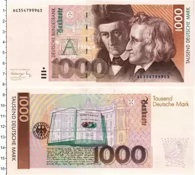Банкнота 1000 марок ФРГ 1991 года Братья Гримм (Вильгельм и Якоб Гримм)