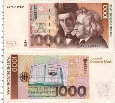 Банкнота 1000 марок ФРГ 1991 года Братья Гримм (Вильгельм и Якоб Гримм)