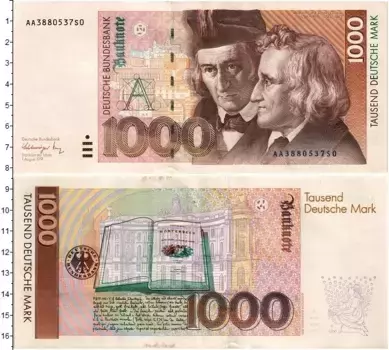 Банкнота 1000 марок ФРГ 1991 года Вильгельм и Якоб Гримм
