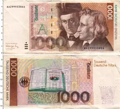 Банкнота 1000 марок ФРГ 1991 года Вильгельм и Якоб Гримм