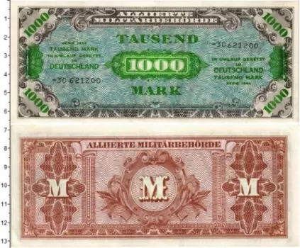 Банкнота 1000 марок Германии 1944 года Союзная оккупация