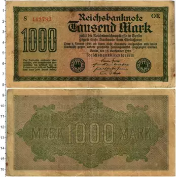 Банкнота 1000 марок Веймарской республики 1922 года Берлин