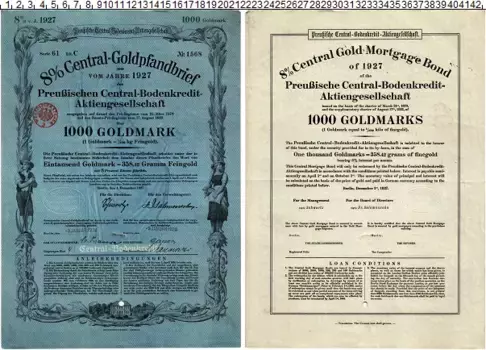 Банкнота 1000 марок Веймарской республики 1927 года 8% Облигация