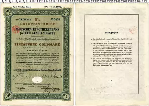 Банкнота 1000 марок Веймарской республики 1927 года 8% Облигация
