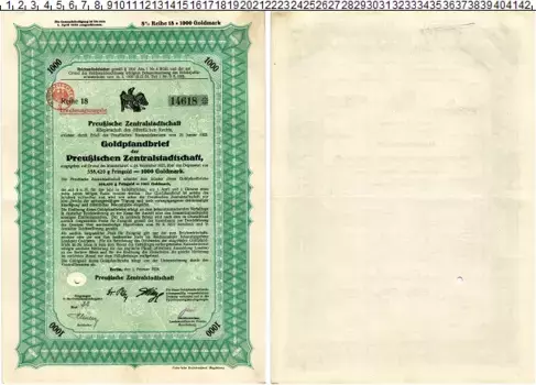 Банкнота 1000 марок Веймарской республики 1928 года Облигация